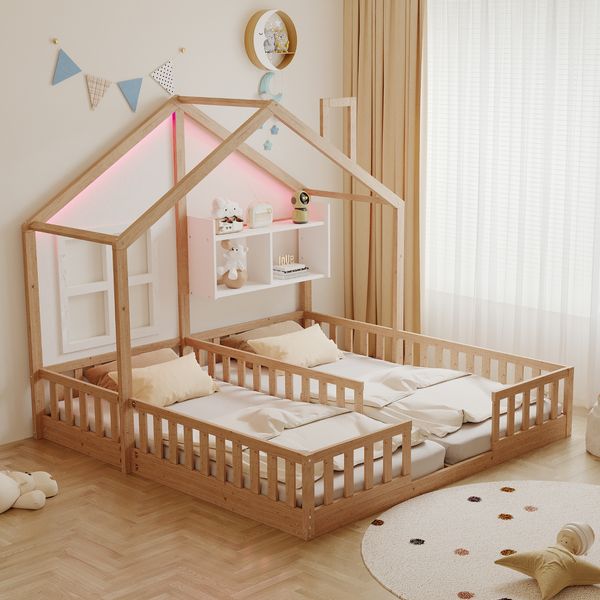 Merax Kinderbett 90 × 200 cm, Freistehendes Doppelbett, Hausdesign Mit Fenstern und Schornstein, Mit LED-Beleuchtung, Sicherheitsgeländer und Ablageflächen, komplett Mit Lattenrost, Holzfarbe