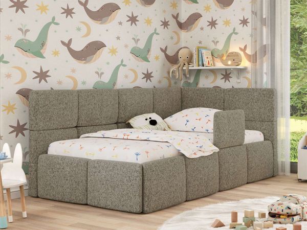 Jugendbett, Kinderbett mit Kopfteil ARVO ALTA 90x200 cm, Polsterbett mit Stauraum, hoher Schlafkomfort - Taupe Stukture - Rechts - ELORI LUX