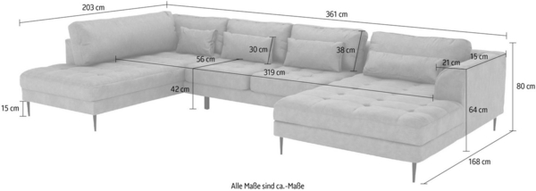 TRENDMANUFAKTUR Wohnlandschaft Luzi, gemütliches Sofa mit extra viel Platz, U-Form, viele Kissen, Designsofa mit tollem Sitzkomfort, Metallfüße schwarz, Breite 361 cm Bild 3