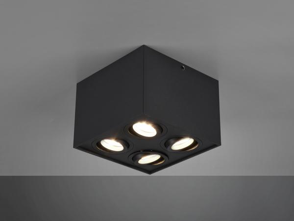 Eckiger LED Deckenstrahler mit vier schwenkbaren Spots, schwarz matt