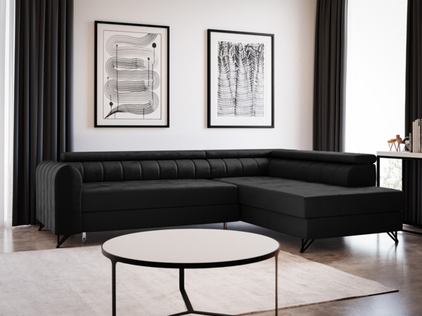 Ecksofa Alice mit Schlaffunktion und Bettkasten, Wohnlandschaft mit einstellbare Kopfstützen, Couch, Sofa, Bettsofa, Schlafsofa (Schwarz (Kronos 07), Ecksofa Rechts)