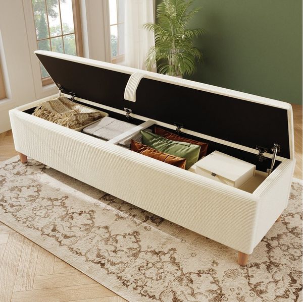 Celya Sitzbank Bettbank mit Stauraum, Polsterbank mit Hydraulischem Stauraum (Beiger Cord-Optik, Geeignet für Schlafzimmer, Wohnzimmer und Flur), 145 x 38 cm Bettbank, Aufbewahrungsbox