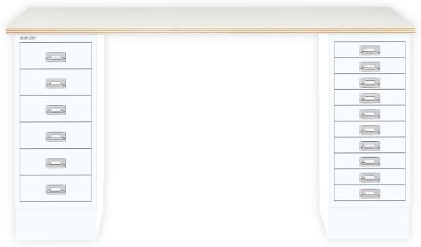 MultiDesk, 1 MultiDrawer mit 10 Schüben, 1 MultiDrawer mit 6 Schüben, Dekor Plywood, Farbe Verkehrsweiß, Maße: H 740 x B 1400 x T 600 mm