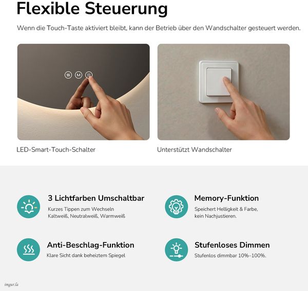 EMKE LED Badspiegel mit Beleuchtung Touch Beschlagfrei 3 Lichtfarbe Dimmbar Wandspiegel ф80cm Rund Bild 9
