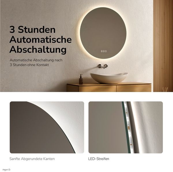 EMKE LED Badspiegel mit Beleuchtung Touch Beschlagfrei 3 Lichtfarbe Dimmbar Wandspiegel ф80cm Rund Bild 8