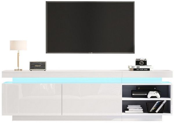 autolock TV-Schrank TV-Schrank mit LED-Beleuchtung TV-Tisch TV-Ständer Lowboard Hochglanz TV-Schranktisch für 75-Zoll-TVs Weiß