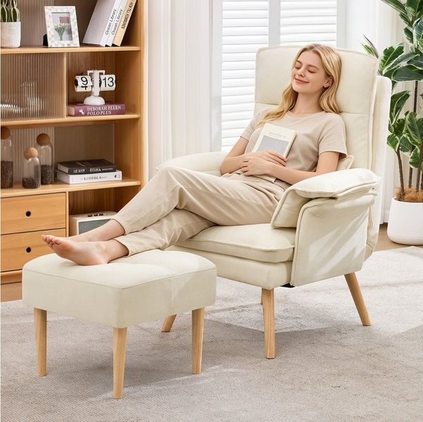 Merax Relaxsessel mit Hocker, 5-fach verstellbarer Liegesessel Lesesessel (85 × 78,5 × 112 cm, 1-St, Relaxsessel inkl. Hocker), Polstersessel mit Kissen & Massivholzbeinen, Loungesessel aus Leinen