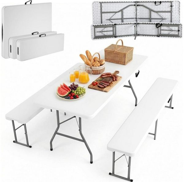 TLGREEN Bierzeltgarnitur Klappbar 3-teilig, 1 Biertisch + 2 Bierbank, (Wetterfest Gartenmöbel Set mit Tragegriff, HDPE+Stahlrohr Campingtisch Outdoor), für Grillveranstaltung/Camping/Gartenparty (Bis zu 10 Personen)