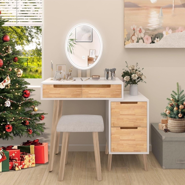 Schminktisch mit LED-Spiegel und Stuhl, 4 Schubladen, Schrank, Kosmetiktisch