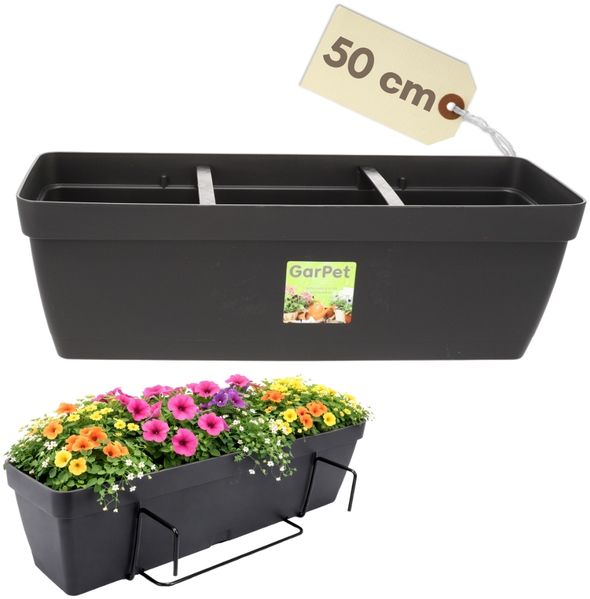GarPet Balkonkasten Blumenkasten Balkon Balkonkasten mit Halterung Wasserspeicher 50 60 cm