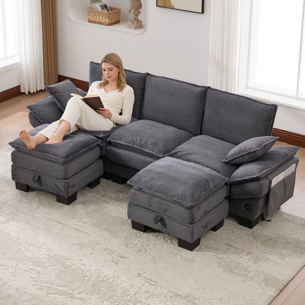 Modulares 3-Sitzer Sofa B 260 x T 132 x H 84 cm aus Cord mit 2 Hockern & USB-C