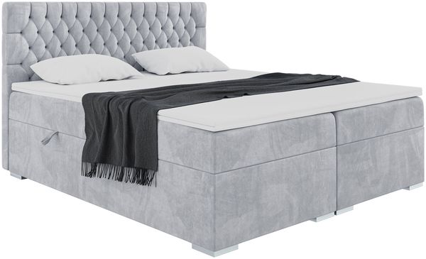 MEBLINI Boxspringbett DALIA 180x220 cm mit Bettkasten - H3/Hellgrau Samt Polsterbett - Doppelbett mit Topper & Taschenfederkern-Matratze
