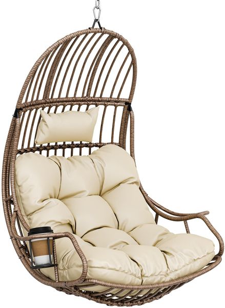 YITAHOME Hängesessel Eierschaukel 150 kg Belastbarkeit, Rattan Schaukelsessel mit Kissen & Getränkehalter, Hängekorbstuhl für Garten, Terrasse, Balkon, Wohnzimmer, Beige