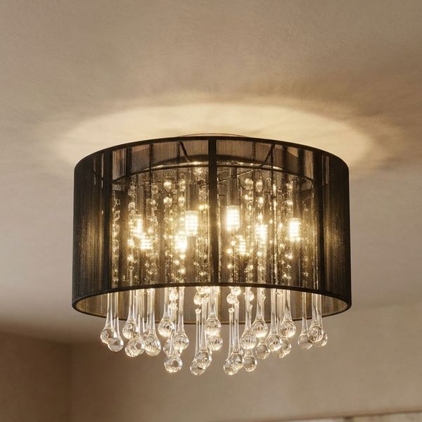LED Glaskristall Hängelampe, Seide schwarz, 40 cm, BAGANA