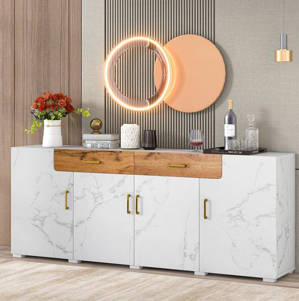 Sideboard 208 x 39,5 x 80 cm mit 4 Türen und 2 Schubladen – weißer Aufbewahrungsschrank mit viel Stauraum