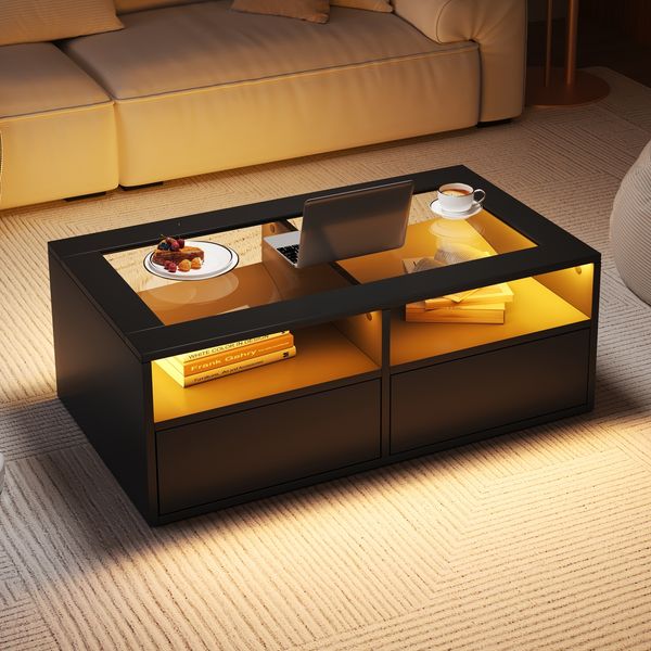 Couchtisch mit Glasplatte, LED-Beleuchtung & 2 Schubladen, 100 x 50 x 35 cm, Schwarz