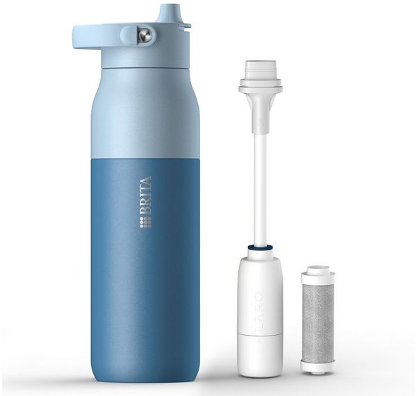 BRITA Trinkflasche BRITA LARQ Essential Filter Trinkflasche (1L) mit Strohhalm, Edelstahl Wasserflasche mit doppelwandiger Isolierung - hält 24h kalt