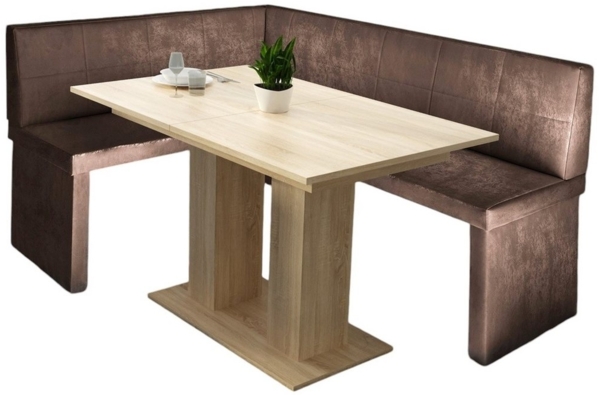 Eckbankgruppe 168x128 cm ROBIN R Vin. Braun / Esstisch DANTE Sonoma