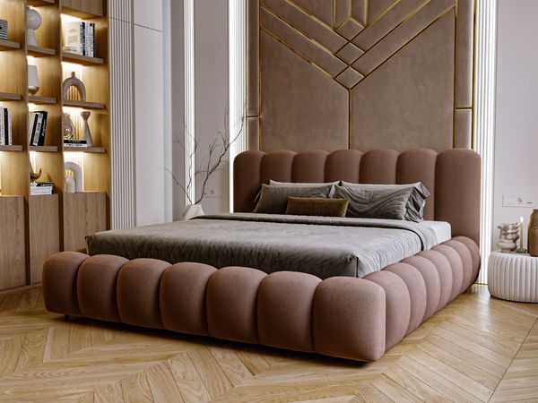 GRAINGOLD Averia Polsterbett 140x200, Doppelbett mit Kopfteil, Bettkasten, Velour-Stoff, Braun