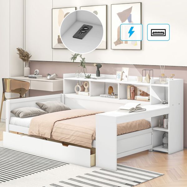 Schlafsofa, Daybett, Tagesbett, 90 x 200 cm, Nachttischablage und Untertischablage, Bett mit Steckdose und USB-Anschluss, 2 Schubladen, Schreibtisch, ohne Matratze, Spanplatte, Weiß