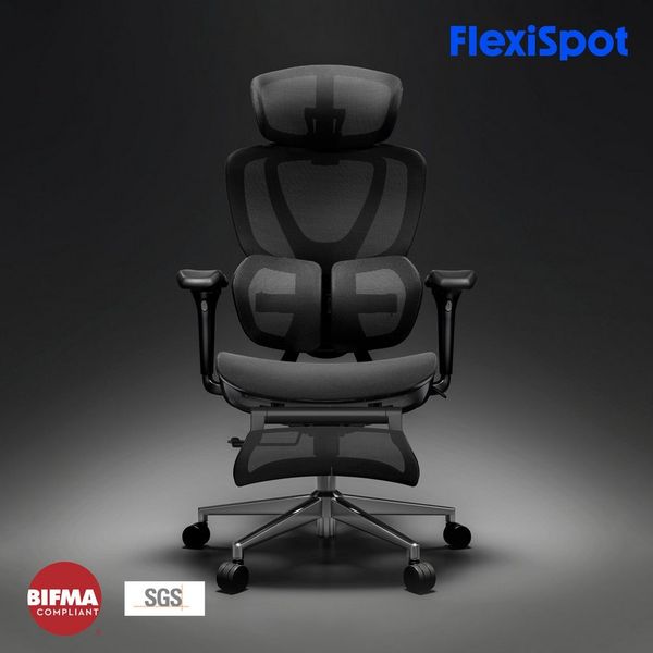 FLEXISPOT Drehstuhl Ergonomischer Bürostuhl, Arbeitsstuhl mit Dual-Wing Lendenstütze (3D-Kopfstütze & 3D-Armlehnen & Verstellbarer Sitztiefe), 3-Stufen Neigung & höhenverstellbare Rückenlehne, MIT Fußstütze