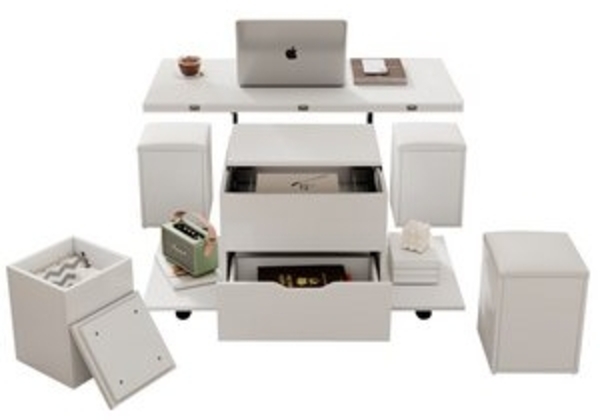 REDOM Couchtisch Anhebbarer Multifunktionstisch (Satztisch, Wohnzimmertisch Beistelltisch, Wohnzimmertisch, 1-St, 1 Schublade, 4 Hocker mit Stauraum), mit Lift-Top-Mechanismus, verwendete Gegenstände Bild 6