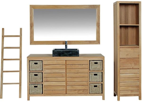 Badmöbel Set Skara Teak Massivholz - Breite vom Unterschrank: 120 cm - Breite vom Spiegel: 120 cm - Anzahl der Hochschränke: ohne Hochschrank - Handtuchhalter: ohne Handtuchhalter