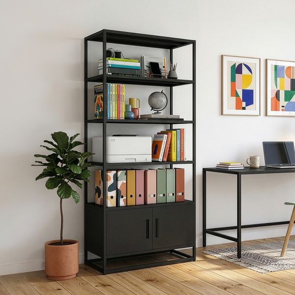 Bücherregal mit Schrank Hailuoto 80 x 40 x 180 cm Stahl Schwarz, matt [en. casa]
