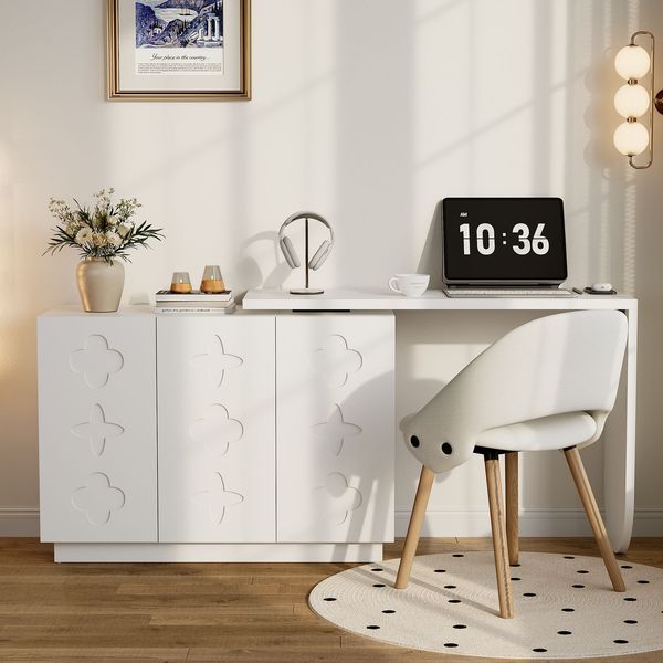Schreibtisch, Drehbarer L-förmiger Eck-Computertisch, Bürotisch, Frisiertisch, Holz, Weiß, 110 cm