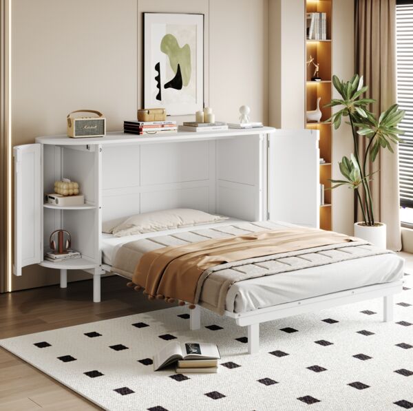 Bett 140x200 Klappbett Wandbett Rattan Staufächer Weiß/Naturholz Platzsparend