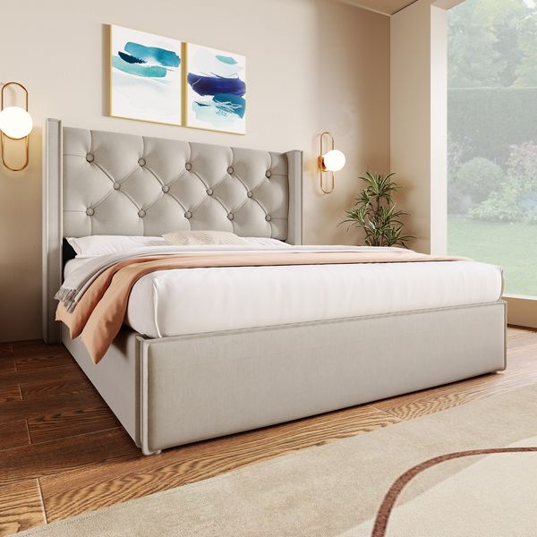 Polsterbett 160x200 cm aus Baumwolle mit Bettkasten – Retro-Design und großer Stauraum