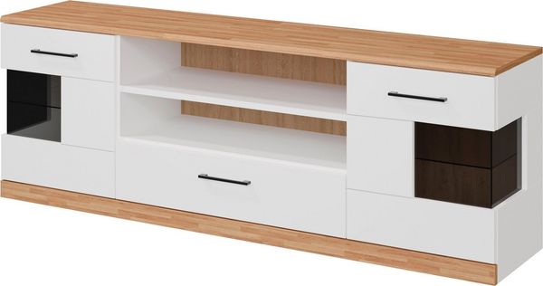 OTTO home Lowboard Ribe,160cm breit,55cm hoch,Oberplatte massiv, Oberplatte Massivholz,schwarze Metall Griffe,2 Türen mit Glaseinsatz