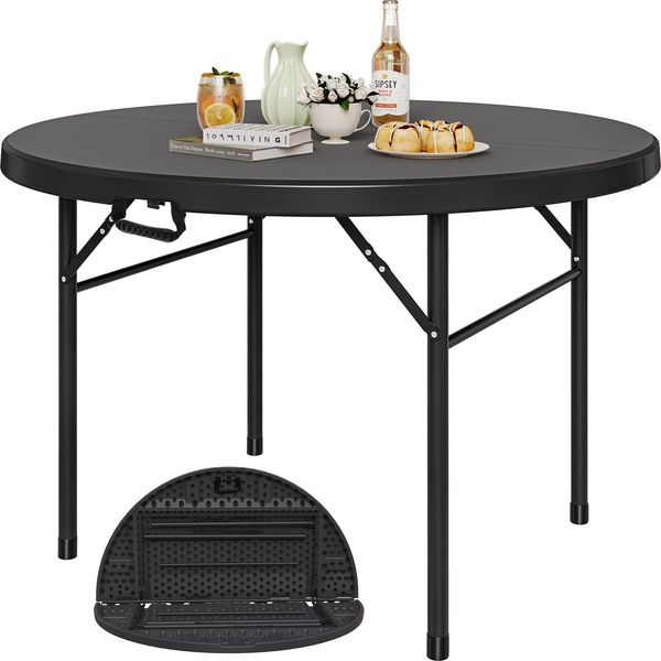 YITAHOME 122cm Runder Klapptisch mit Tragegriff Wetterfest für Outdoor/Indoor, Tragbarer Campingtisch mit Metallrahmen, Kunststoff Gartentisch mit 4cm Tischplatte für Party, Camping, Grill, Schwarz