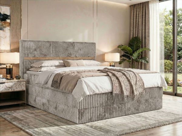 Doppelbett Boxspringbett ORVO KING 140x200 cm mit Stauraum, Multipocket-Matratze und Pocket 7 Härtezonen, H4, zwei Bettkästen - Topper T25 - Hellbraun Cord