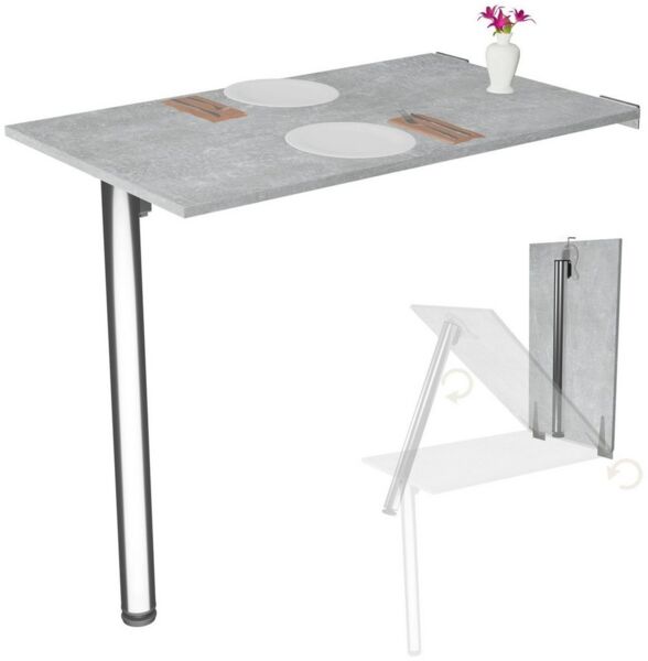 Wandklapptisch mit Tischbein Schreibtisch Tischplatte 80x50 cm in Beton Klapptisch Esstisch Küchentisch für die Wand Stabiler Bartisch Wandtisch Tisch klappbar zur Wandmontage im Büro Küche
