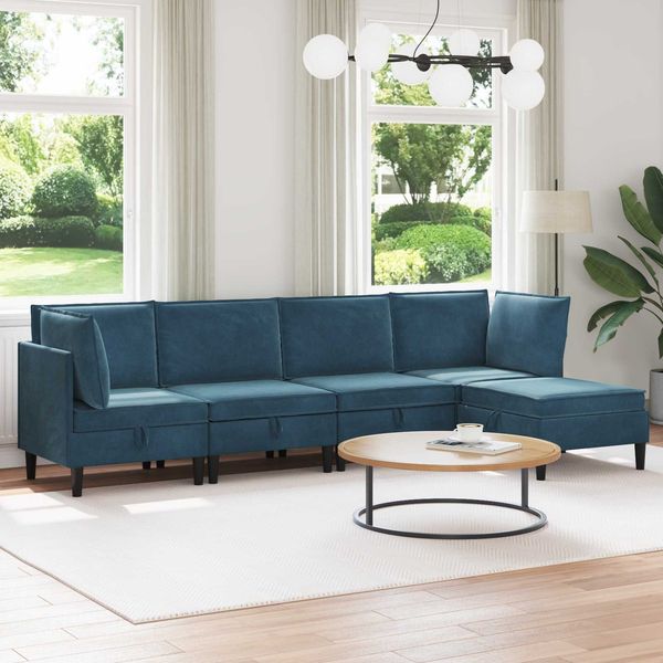 vidaXL Wohnzimmergarnitur mit Kissen mit Speicher 5 pcs Blau Samt 3413771