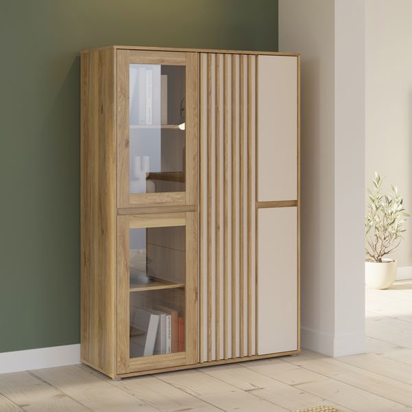 Forte ELISTON Vitrine 100 110, moderner Schrank mit Lamellendesign, 5-türig, Wohn-/Schlafzimmer, Mauvella Eiche Holzdekor|Kashmir Beige, 109,3 cm breit x 161,7 cm hoch x 41,5 cm tief