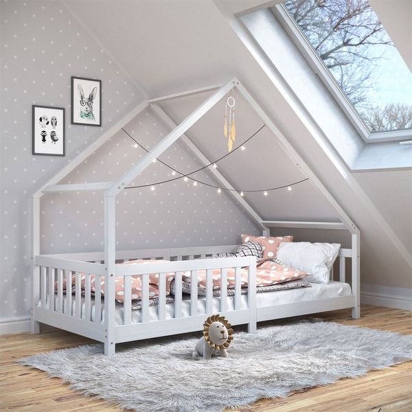 IDIMEX Kinderbett CORA, Kinderbett 90x190 cm mit Rausfallschutz Montessori Bodenbett Weiß