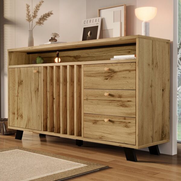 Flieks Kommode mit 3 Schubladen, 2 Türen und verstellbarer Ablagen (1 St, 120x40x85 cm), Sideboard Mehrzweckschrank Holzschrank Eichefarbe