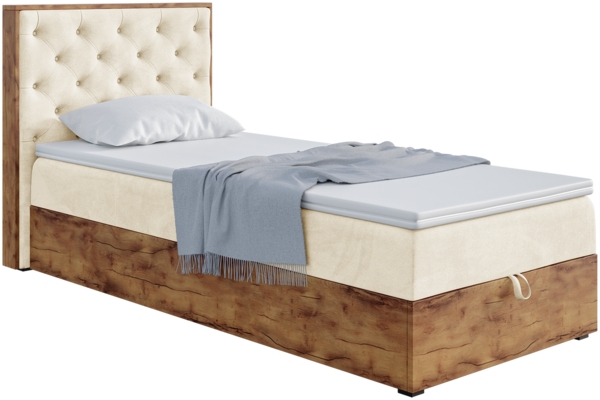 MEBLINI Boxspringbett LOFTY 3 90x200 cm mit Bettkasten – H3/Beige Samt Gepolstert Einzelbett mit Topper & Bonellfederkern-Matratze