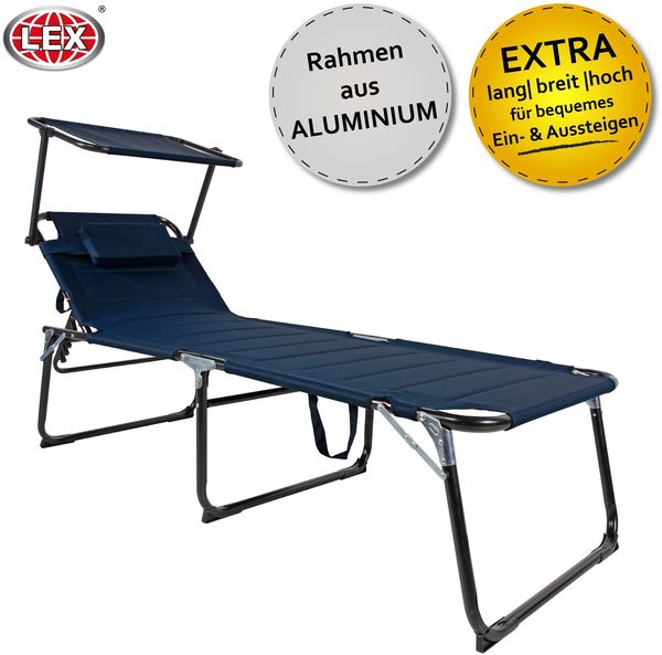 LEX XXL Gartenliege mit Sonnendach, gepolstert mit Kopfkissen, Aluminium, Dunkelblau, 70x200x45 cm Bild 2