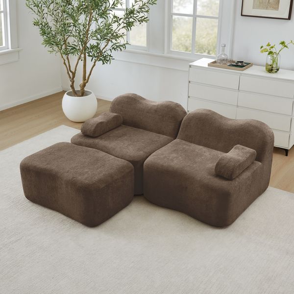 2-Sitzer Sofa 192×167×70 cm aus Samt rahmenlos modular mit 1 Ottomane, braun