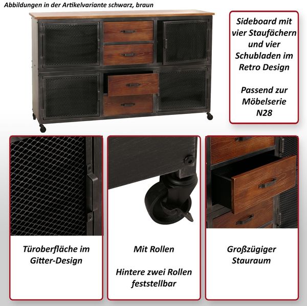 Sideboard HWC-N28, Kommode, Rollen 4 Schubladen, 3D-Struktur Industrial Retro Metall Holz 90x150x40cm ~ schwarz, natur Bild 2