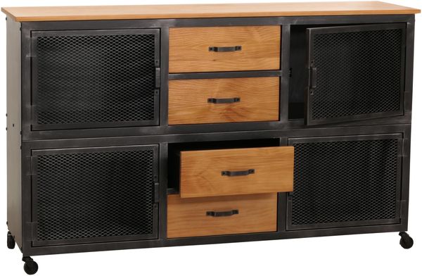 Sideboard HWC-N28, Kommode, Rollen 4 Schubladen, 3D-Struktur Industrial Retro Metall Holz 90x150x40cm ~ schwarz, natur Bild 9