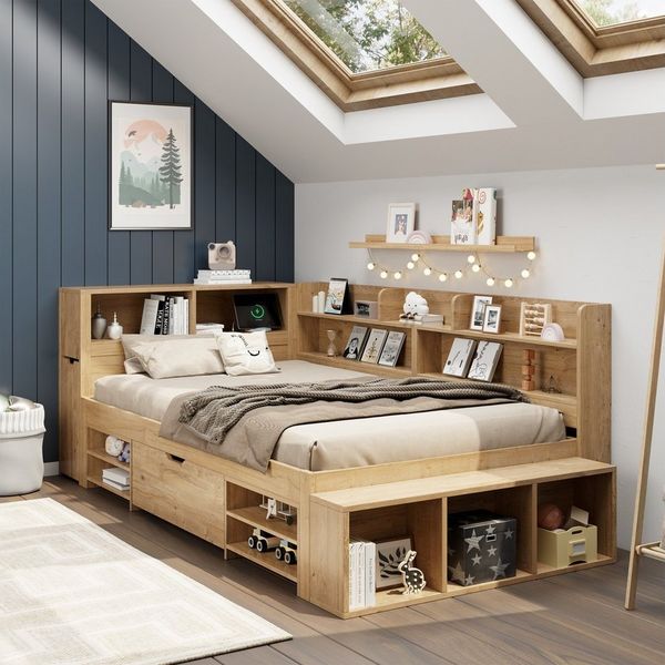 REDOM Holzbett Kinderbett mit Lattenrost, integriertem Stauraum (Stauraumbett, Kinderbett, 1-tlg, 90*200 cm, mit Matratze(H16cm), mit ausziehbarer Nachttisch Schubladen, Regal und Stauschrank