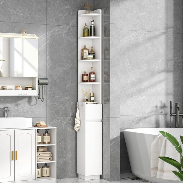 Badezimmerschrank, Eckschrank Badschrank, Toilettenschrank, 20 x 20 x 185,6 cm, Schmalem Badregal mit Verstellbarem Einlegeboden, 1 Schublade und 4 Offenen Fächern, Weiß