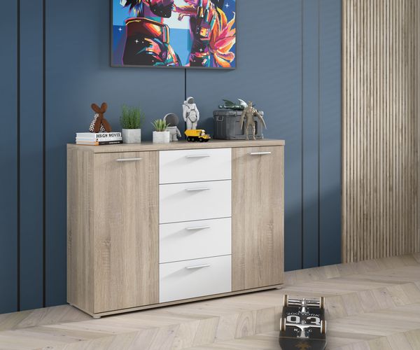 Sideboard Winnie Kommode 4 Schubladen und 2 Türen, Sonoma Eiche / Weiß