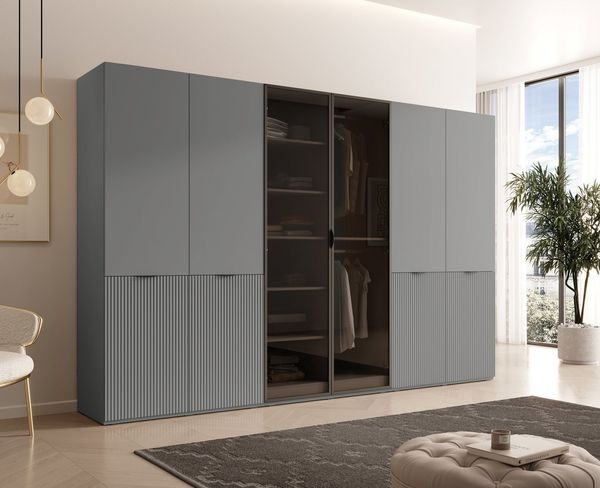 MOEBLO Drehtürenschrank MINEWRA ANTISOL 300 (Moderner Drehtürenschrank mit getönter Glasfront – viel Stauraum, verstellbare Einlegeböden & Kleiderstangen – robuster 6-türiger Kleiderschrank für Schlafzimmer und Garderobe) (BxHxT): 303x200x49 cm