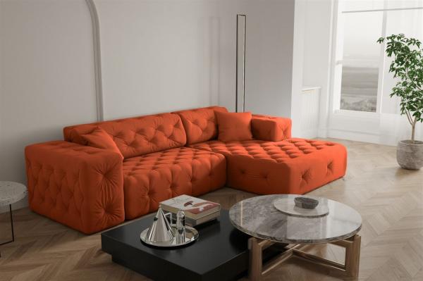 Ecksofa Designersofa CHANTAL in Stoff Opera Velvet Orange Ottomane Rechts