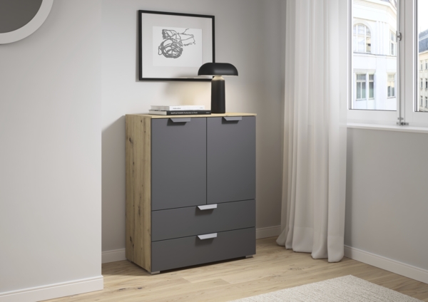 rauch Aditio Box, Kommode, 2-türig, 2 Schubladen, mit Softclose-Funktion, Farbe Grau metallic/Eiche Artisan, BxHxT 80x100x42cm